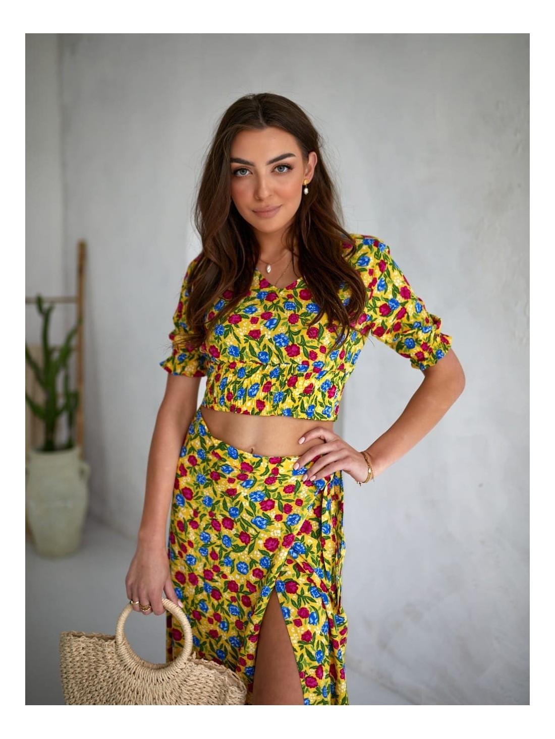 Summer set with flowers, yellow maxi blouse and skirt 3364 - Online store - Boutique